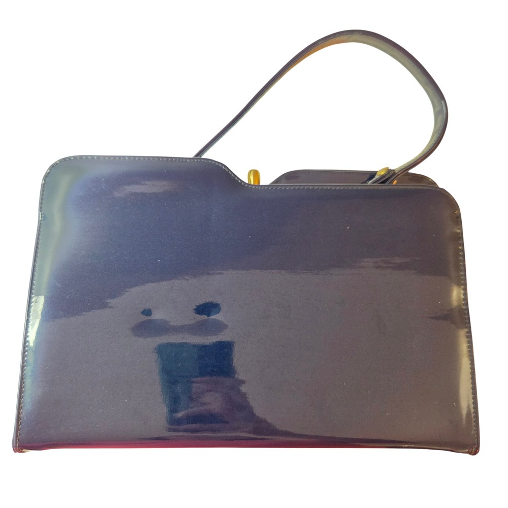 Vtg 60s Navy Blue Patent Leather Kiss Lock Frame Bag Gold Hardware Feet